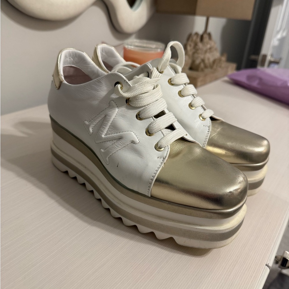 Marco Moreo Italian Chic White and Gold Women's Sneakers- Leather Platform